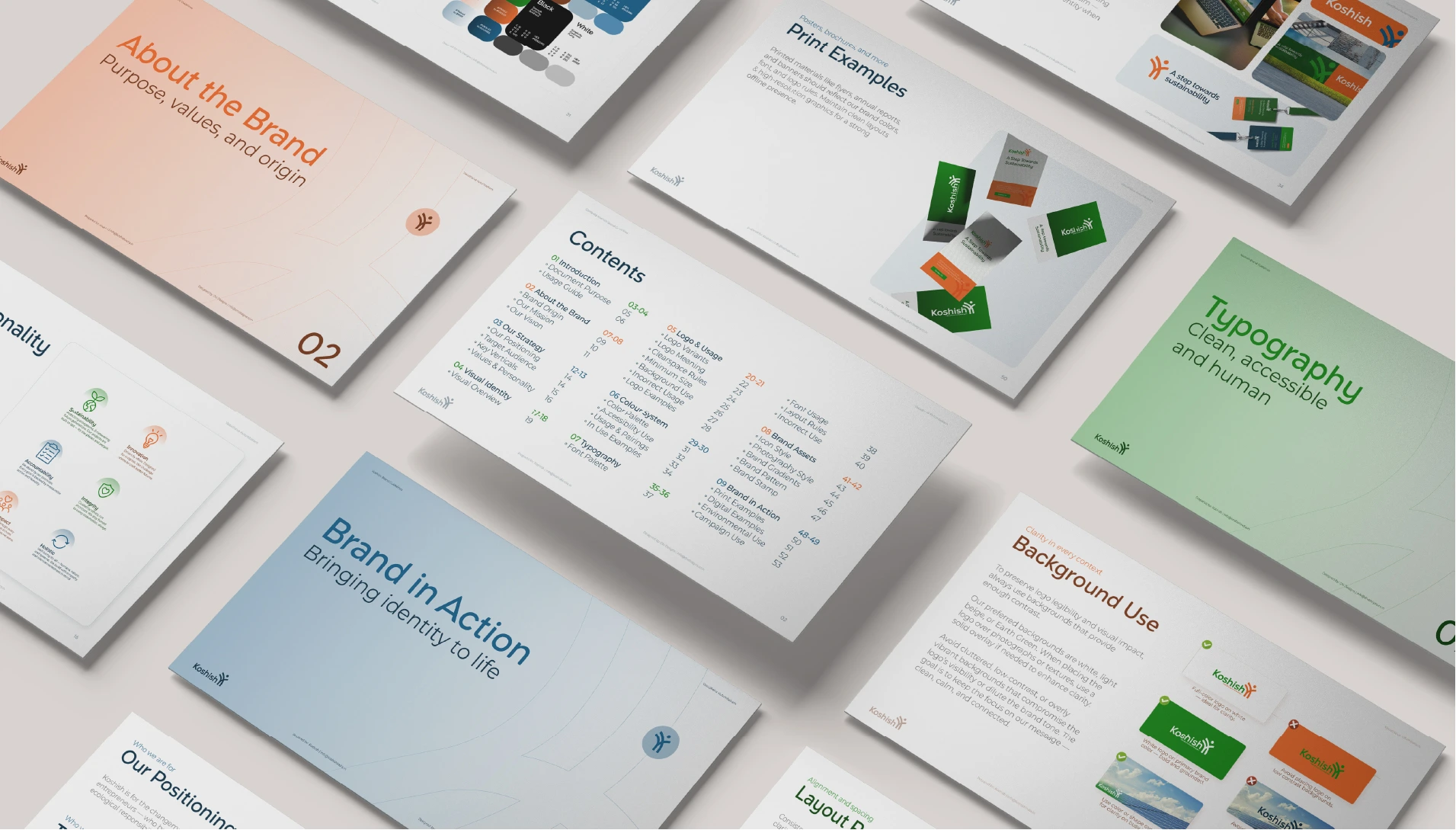 Brand guidelines document showcasing typography, color palette, layout system, and structured visual identity rules